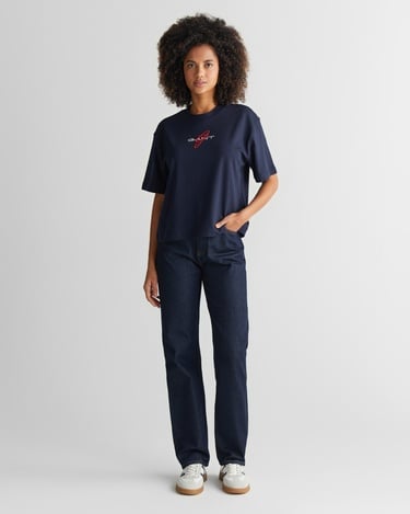  GANT Kadın Lacivert Bisiklet Yaka Logolu T-Shirt