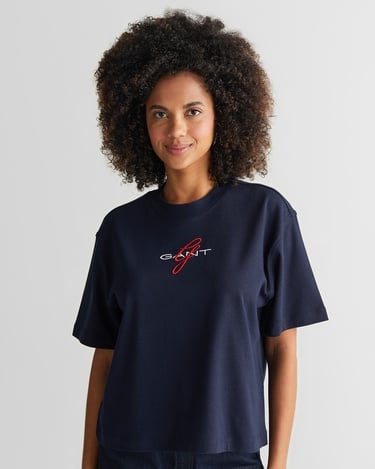  GANT Kadın Lacivert Bisiklet Yaka Logolu T-Shirt