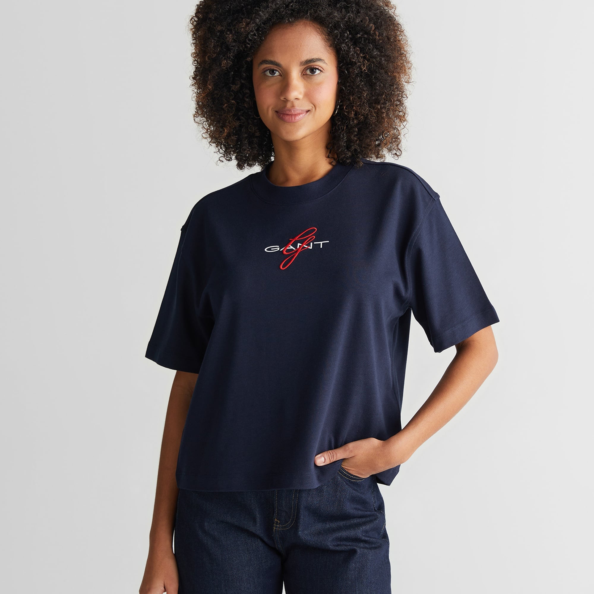 GANT Kadın Lacivert Bisiklet Yaka Logolu T-Shirt