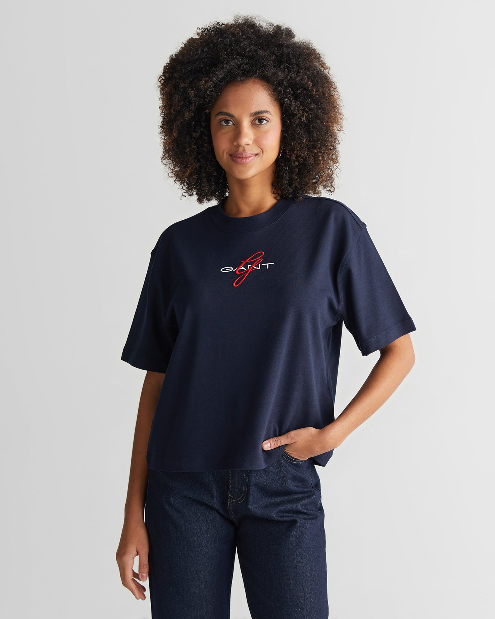  GANT Kadın Lacivert Bisiklet Yaka Logolu T-Shirt