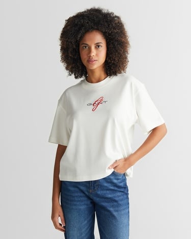  GANT Kadın Krem Bisiklet Yaka Logolu T-Shirt