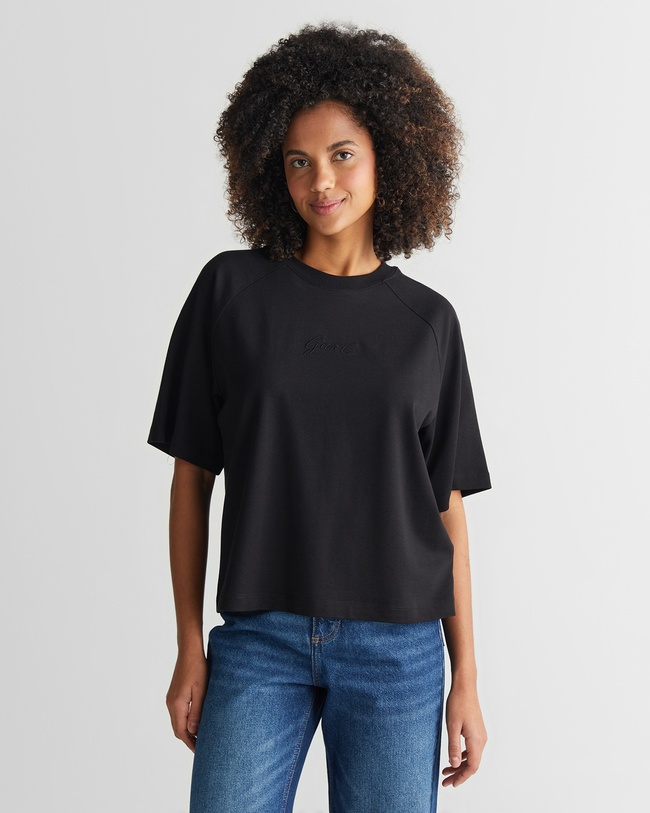  GANT Kadın Siyah Bisiklet Yaka Logolu T-Shirt