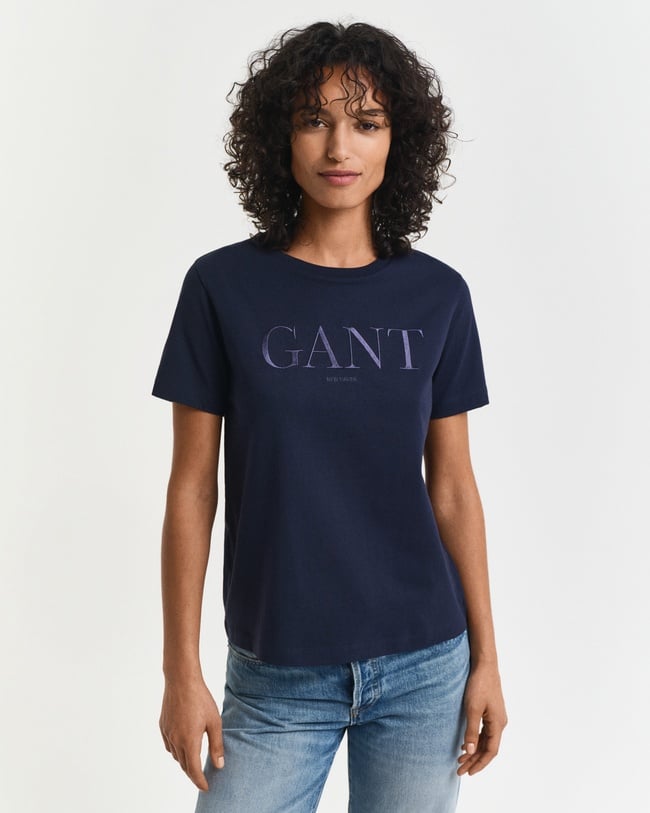  GANT Kadın Lacivert Regular Fit Bisiklet Yaka Logolu T-Shirt