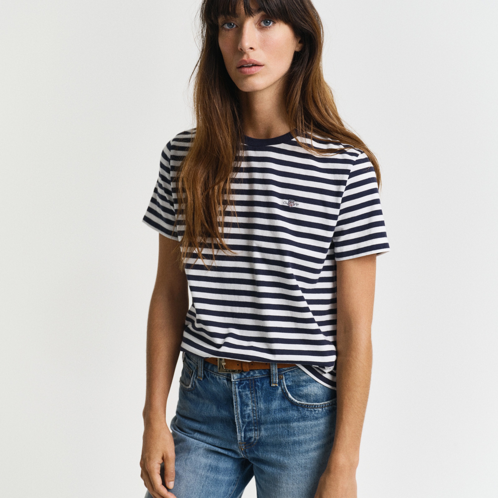 GANT Kadın Lacivert Regular Fit Bisiklet Yaka Çizgili T-Shirt