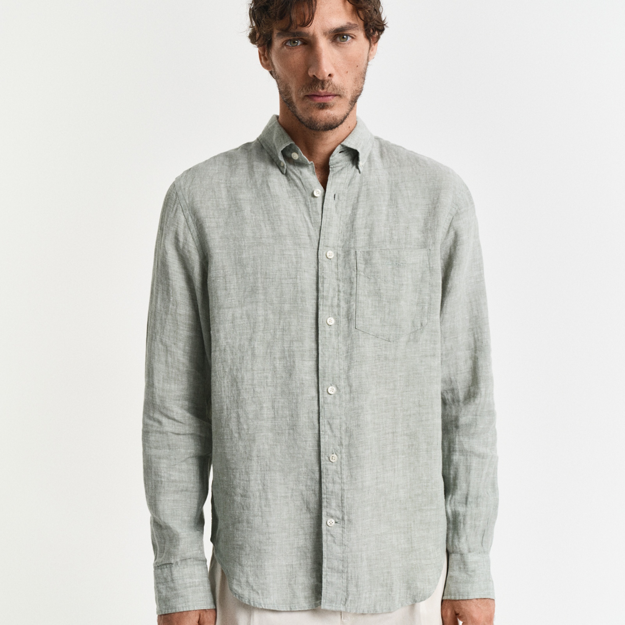 GANT Erkek Yeşil Regular Fit Düğmeli Yaka Keten Gömlek