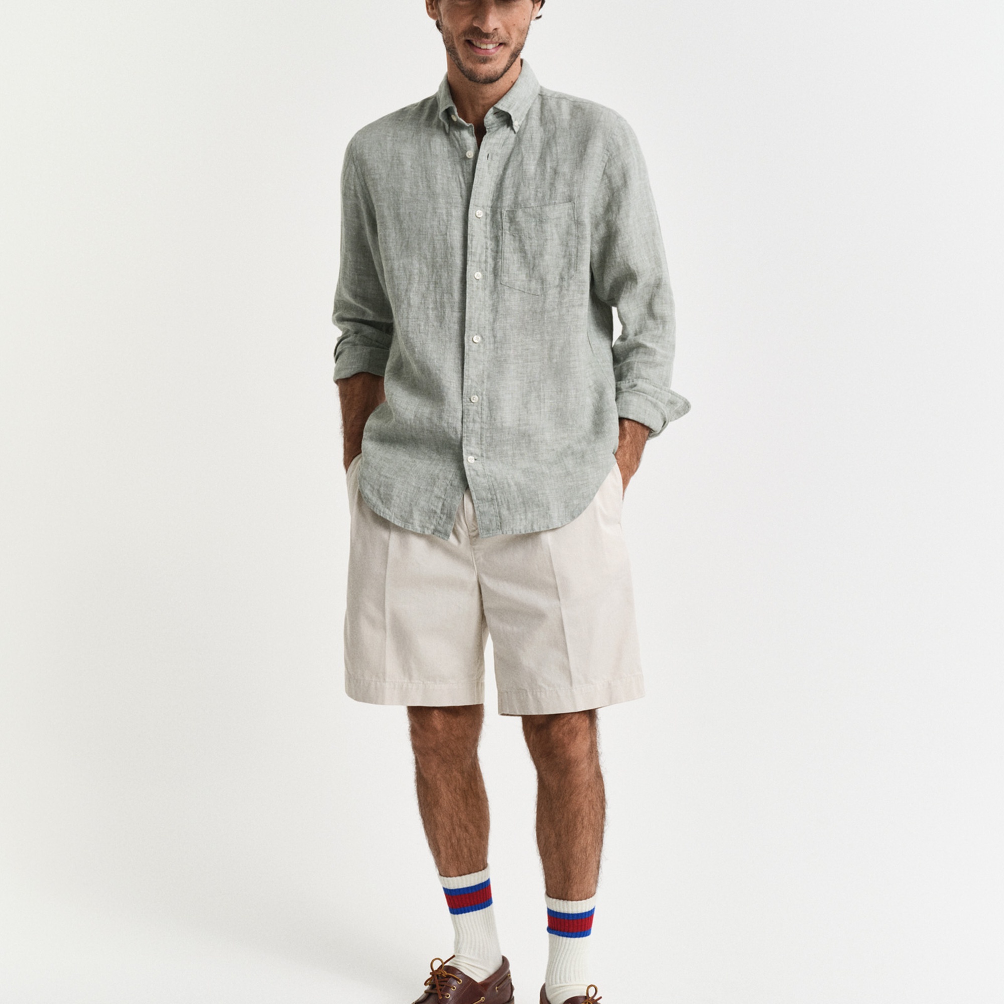 GANT Erkek Yeşil Regular Fit Düğmeli Yaka Keten Gömlek