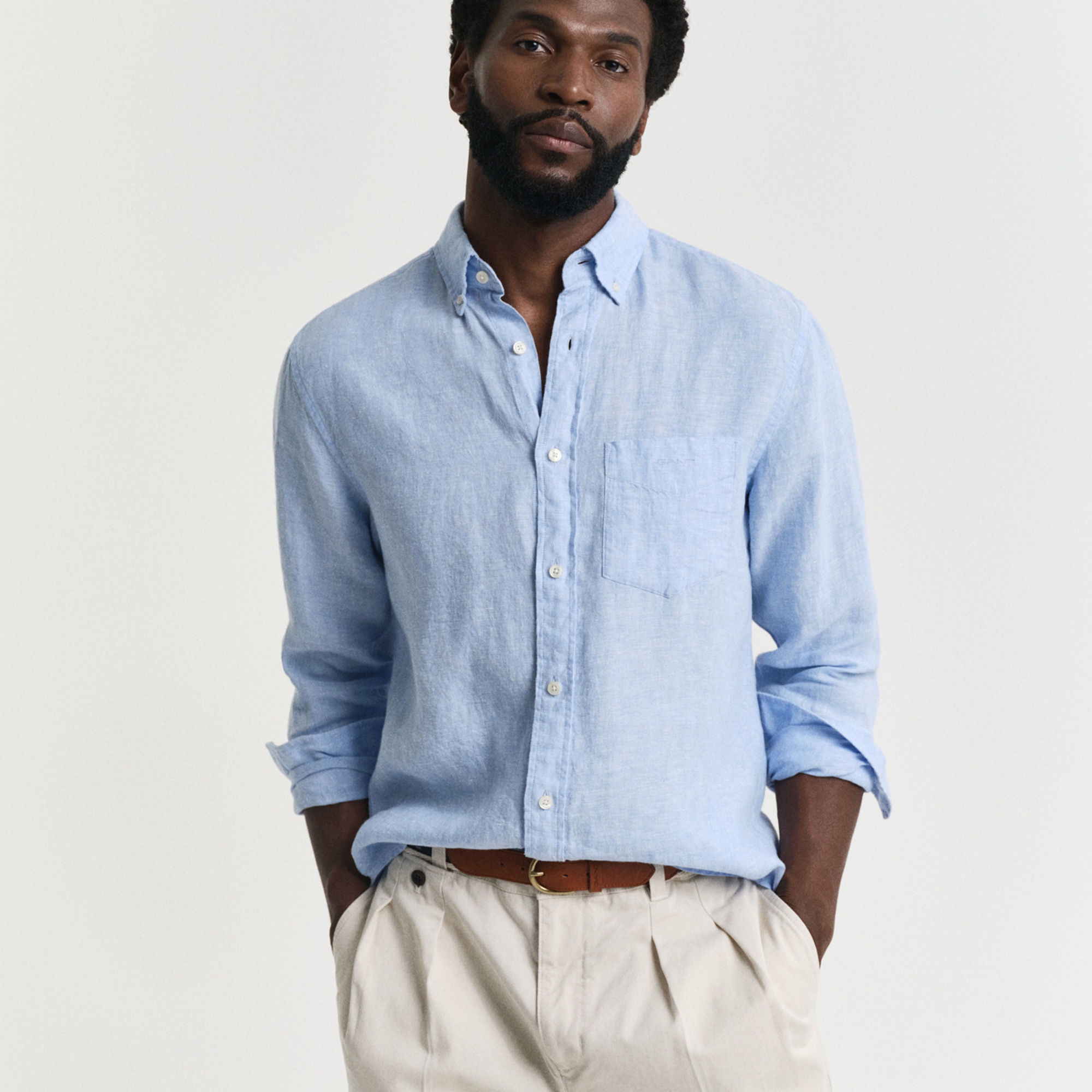 GANT Erkek Mavi Regular Fit Düğmeli Yaka Keten Gömlek