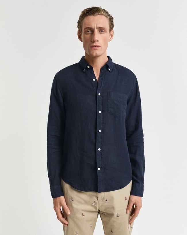  GANT Erkek Lacivert Regular Fit Düğmeli Yaka Keten Gömlek