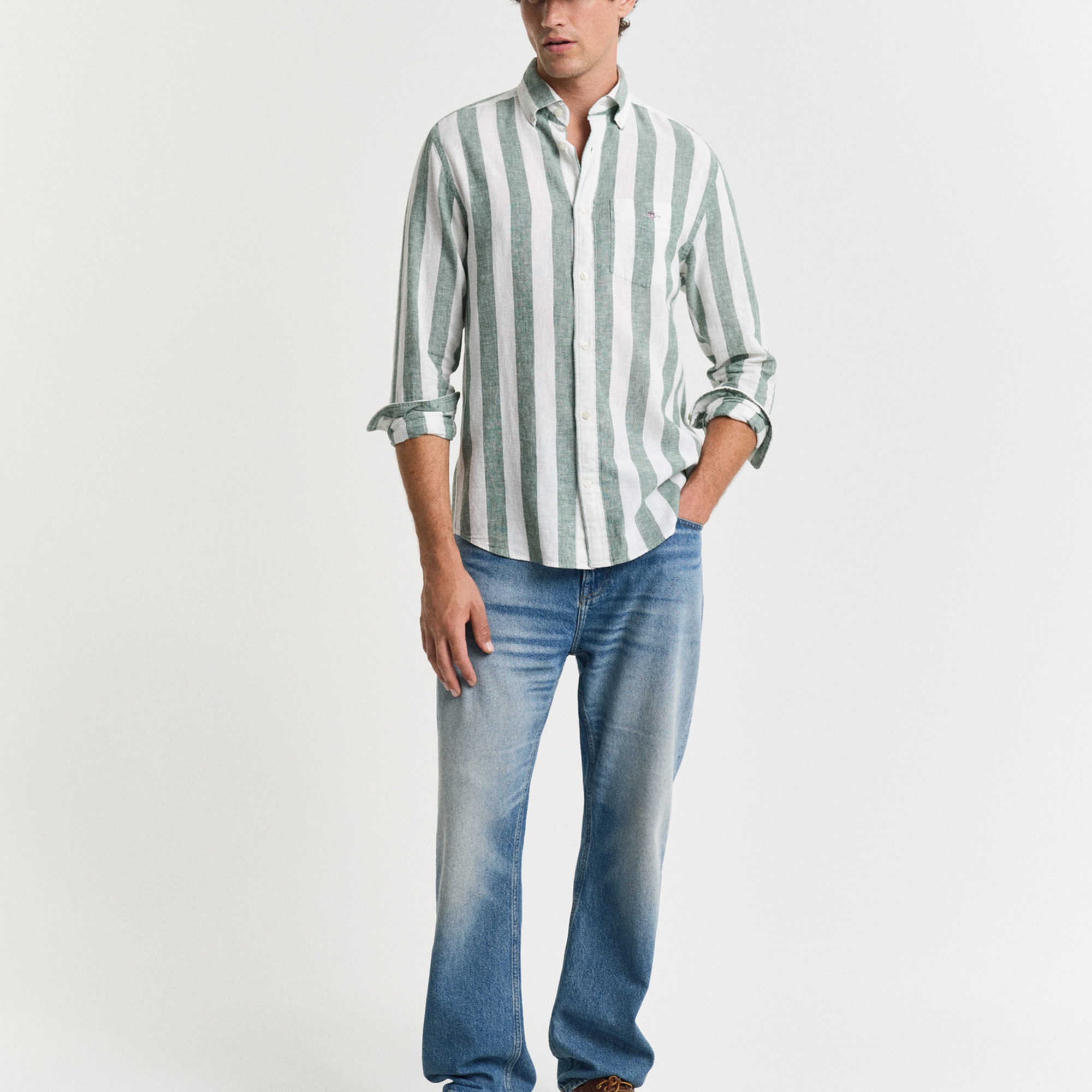 GANT Erkek Yeşil Regular Fit Düğmeli Yaka Çizgili Gömlek