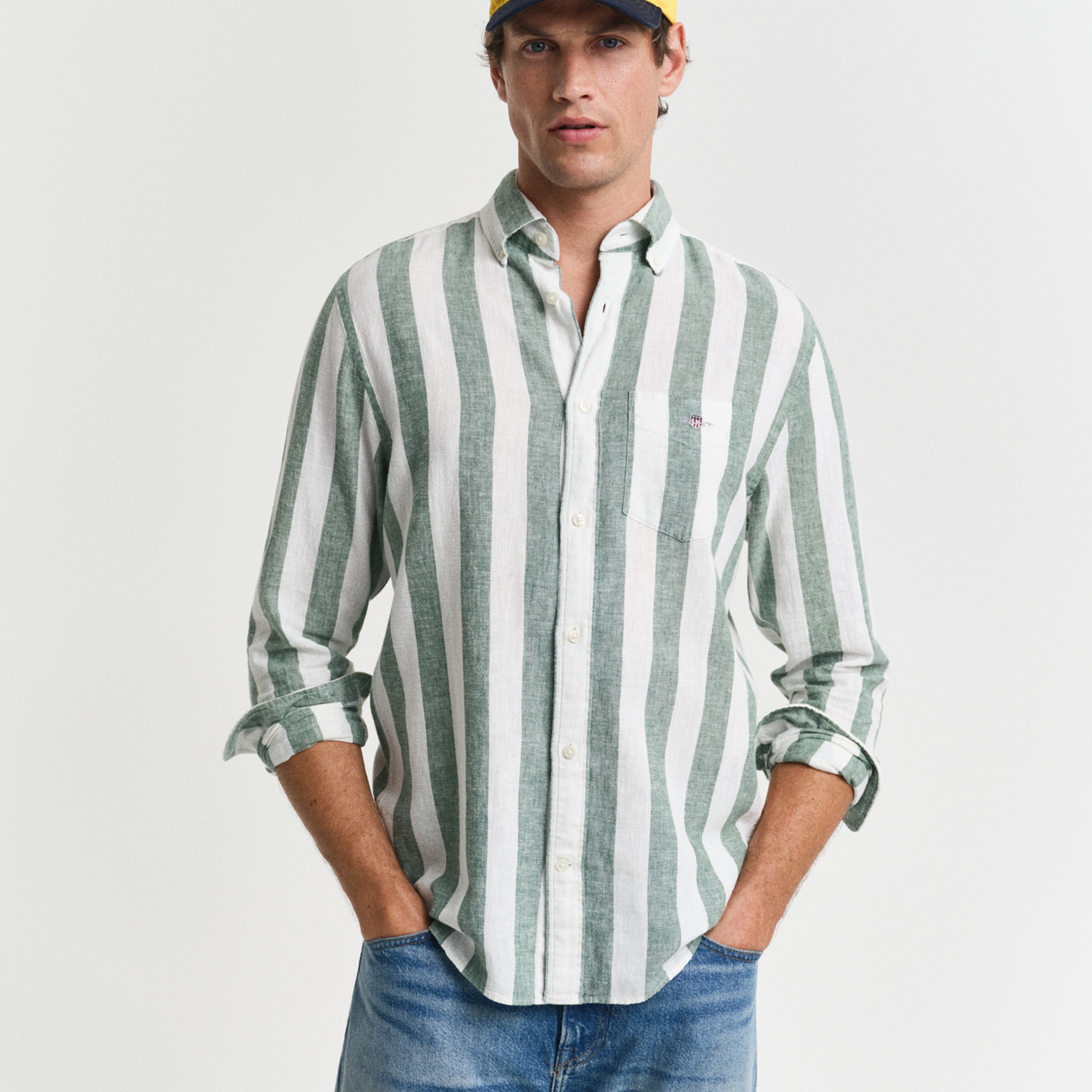 GANT Erkek Yeşil Regular Fit Düğmeli Yaka Çizgili Gömlek