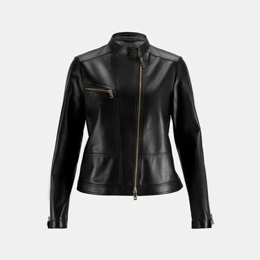  Kadın Siyah Perfore Detaylı Deri Ceket