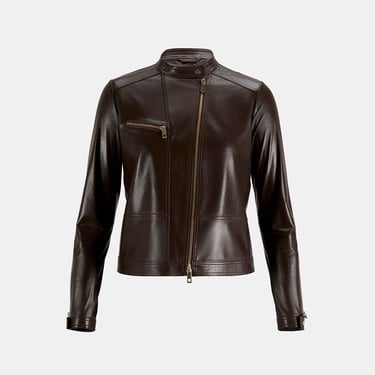  Kadın Kahve Perfore Detaylı Deri Ceket