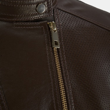  Kadın Kahve Perfore Detaylı Deri Ceket