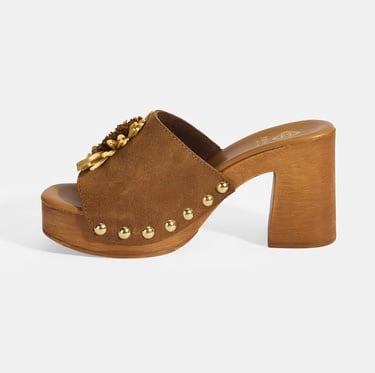  Kadın Taba Çiçek Aksesuarlı Süet Topuklu Terlik