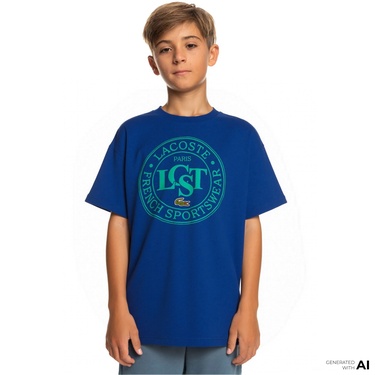 Lacoste Çocuk Bisiklet Yaka Baskılı Mavi T-Shirt