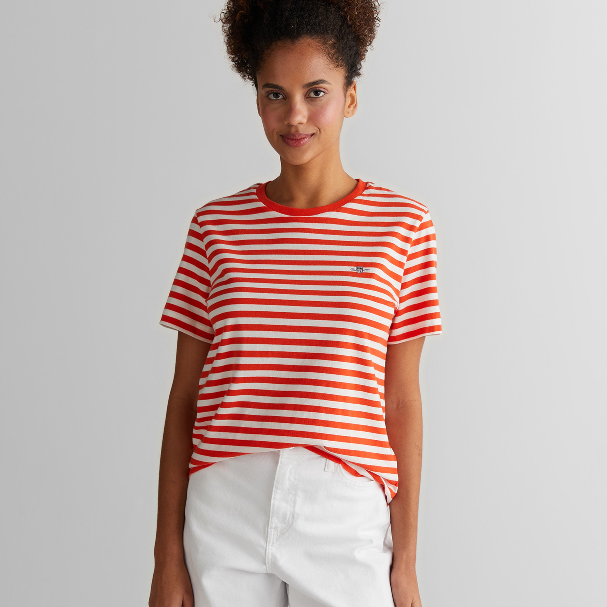 GANT Kadın Turuncu Regular Fit Bisiklet Yaka Çizgili T-Shirt