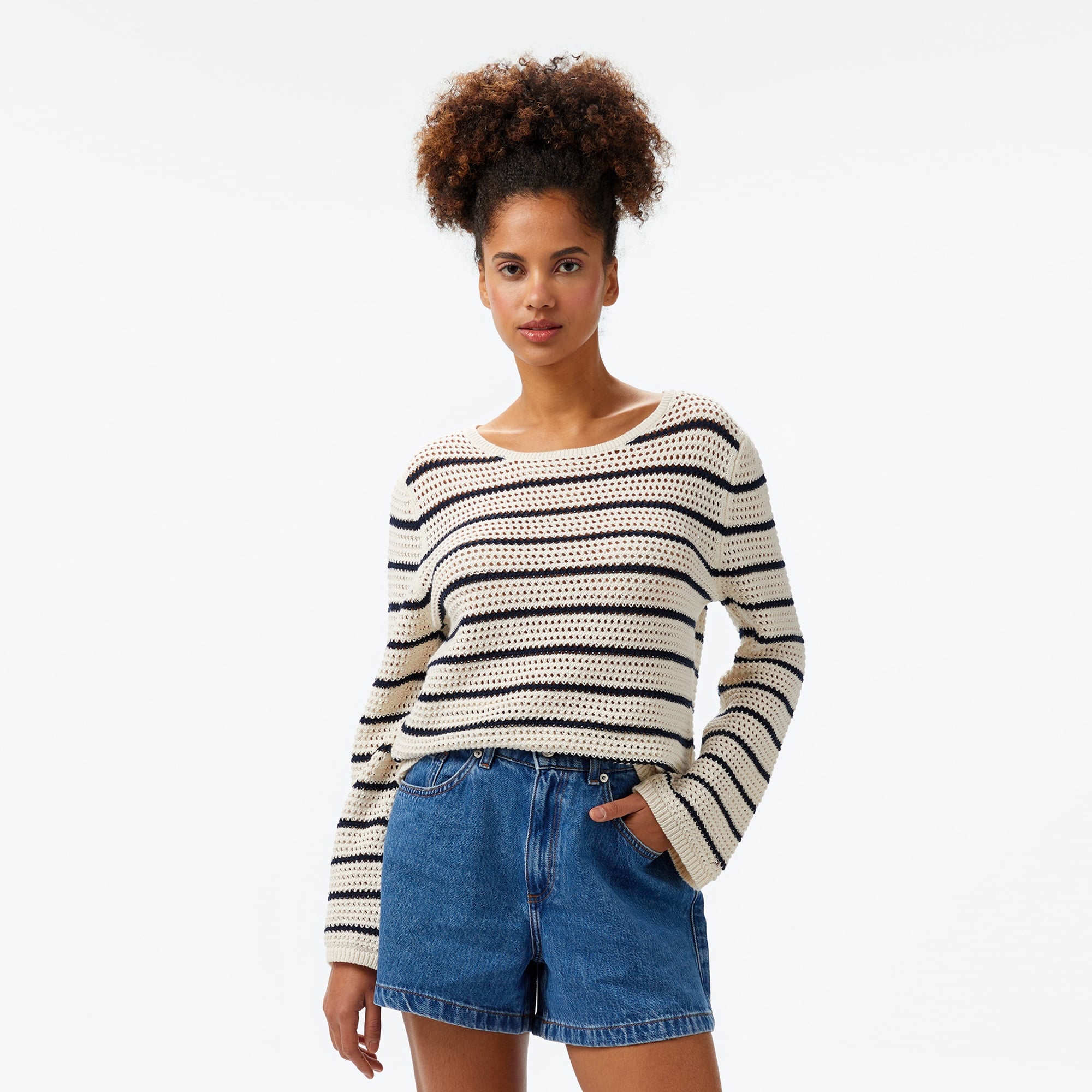 Tommy Hilfiger Pointelle Crochet Open-Nk Kadın Beyaz Kazak