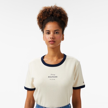  Tommy Hilfiger Reg Monotype Stripe Kadın Bej T-Shirt
