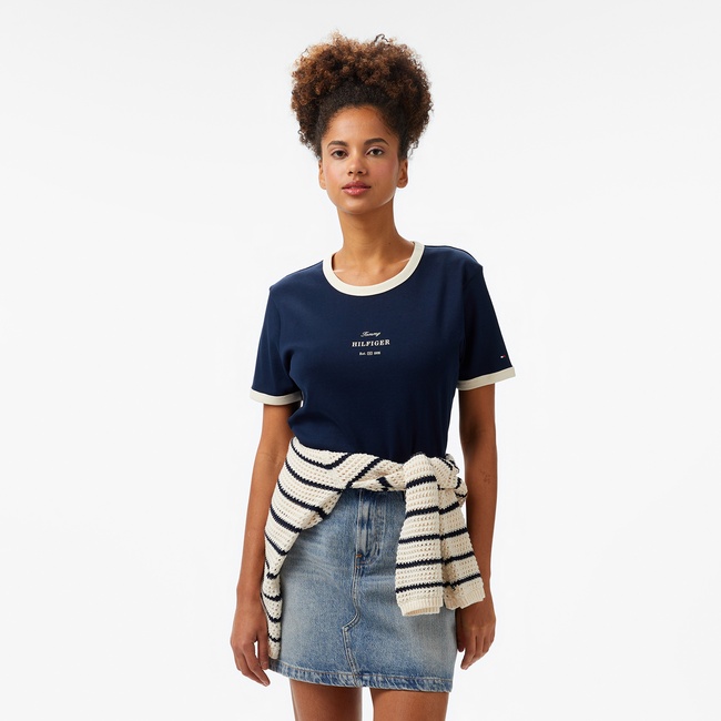 Tommy Hilfiger Reg Monotype Stripe Kadın Lacivert T-Shirt