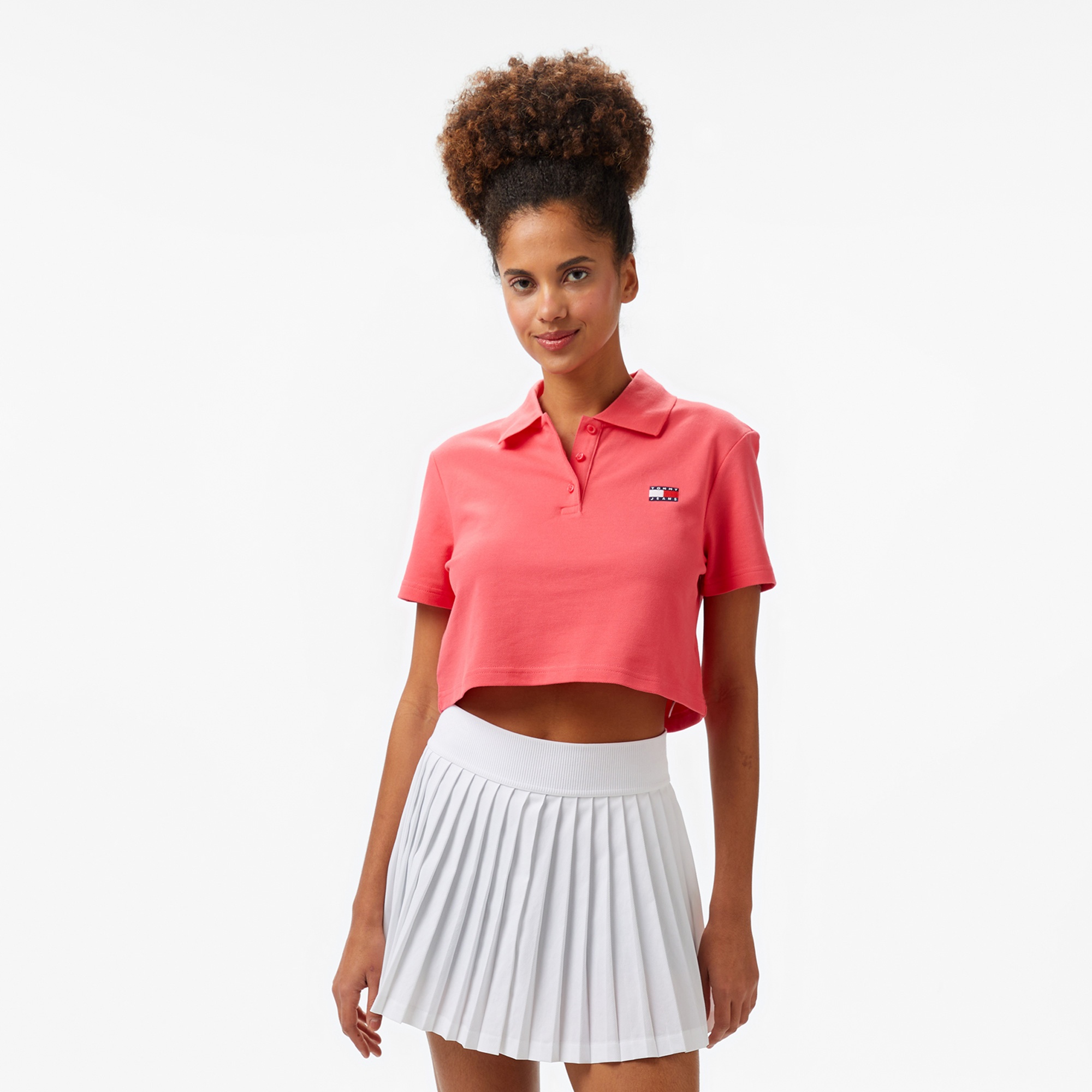 Tommy Jeans Crop Badge Kadın Pembe Polo Yaka T-Shirt