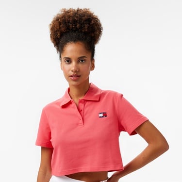  Tommy Jeans Crop Badge Kadın Pembe Polo Yaka T-Shirt