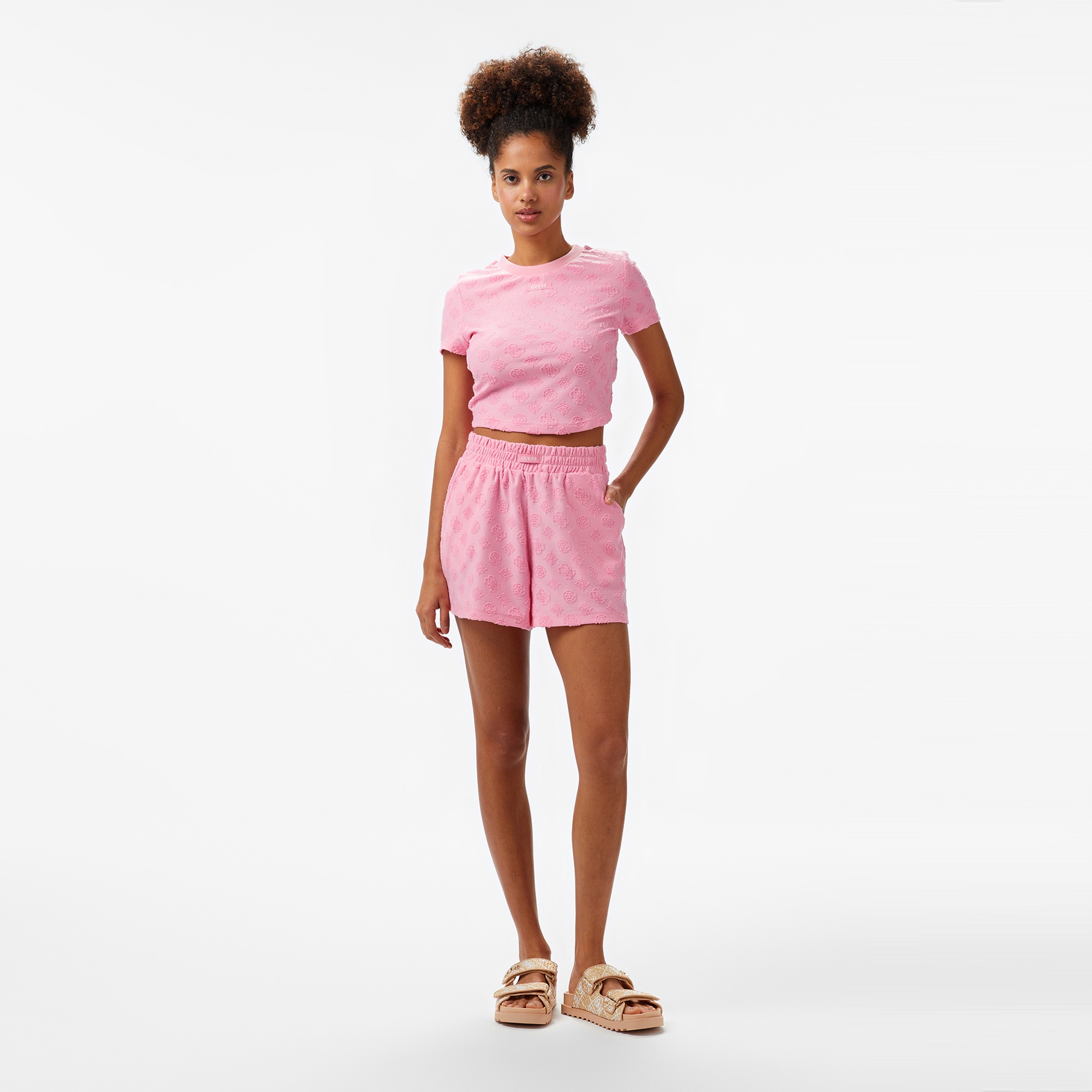 Guess Peony Jacquard Knit Recy Poly-Cotton Jacq Sponge Kadın Renkli T-Shirt