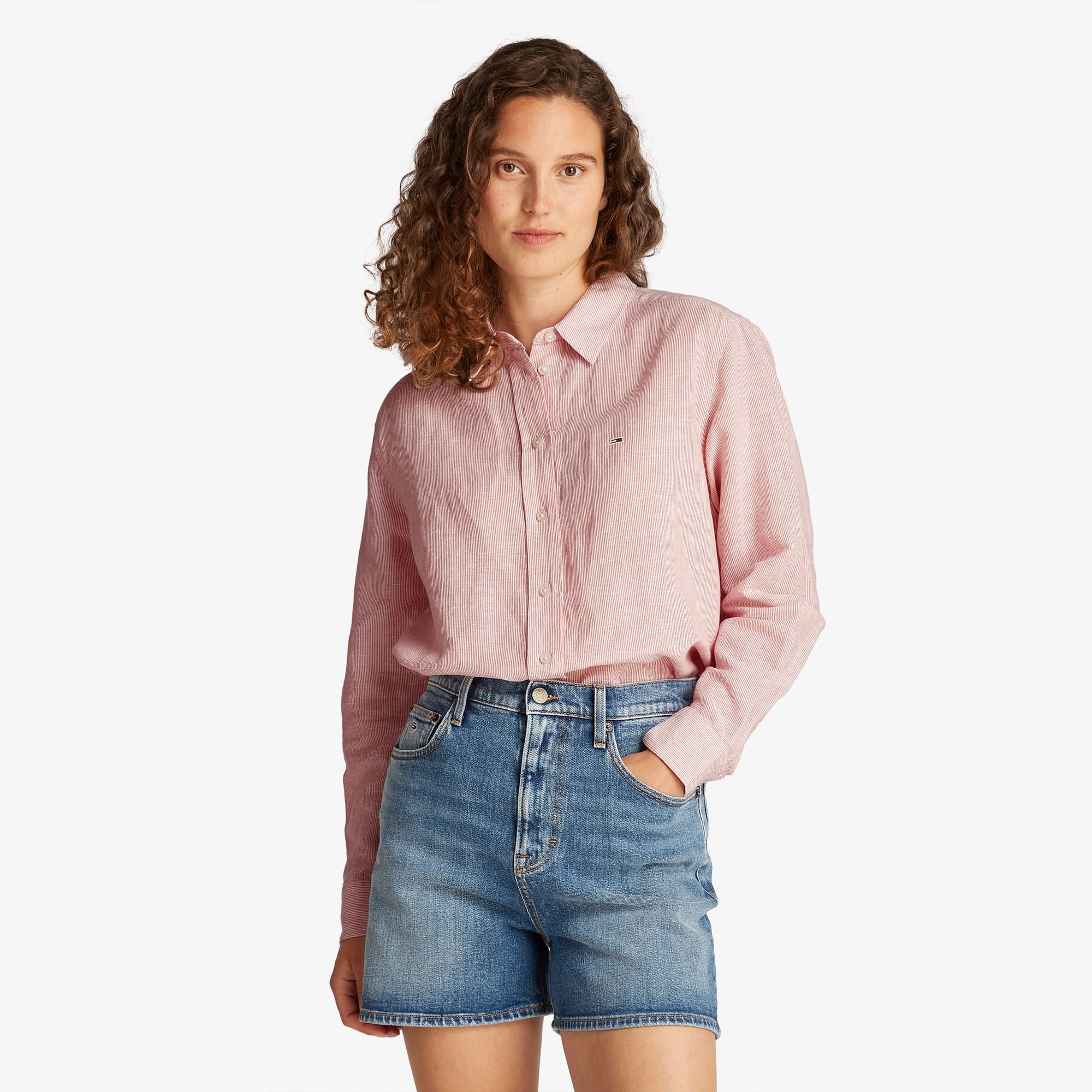  Tommy Jeans Relax Linen Kadın Pembe Gömlek