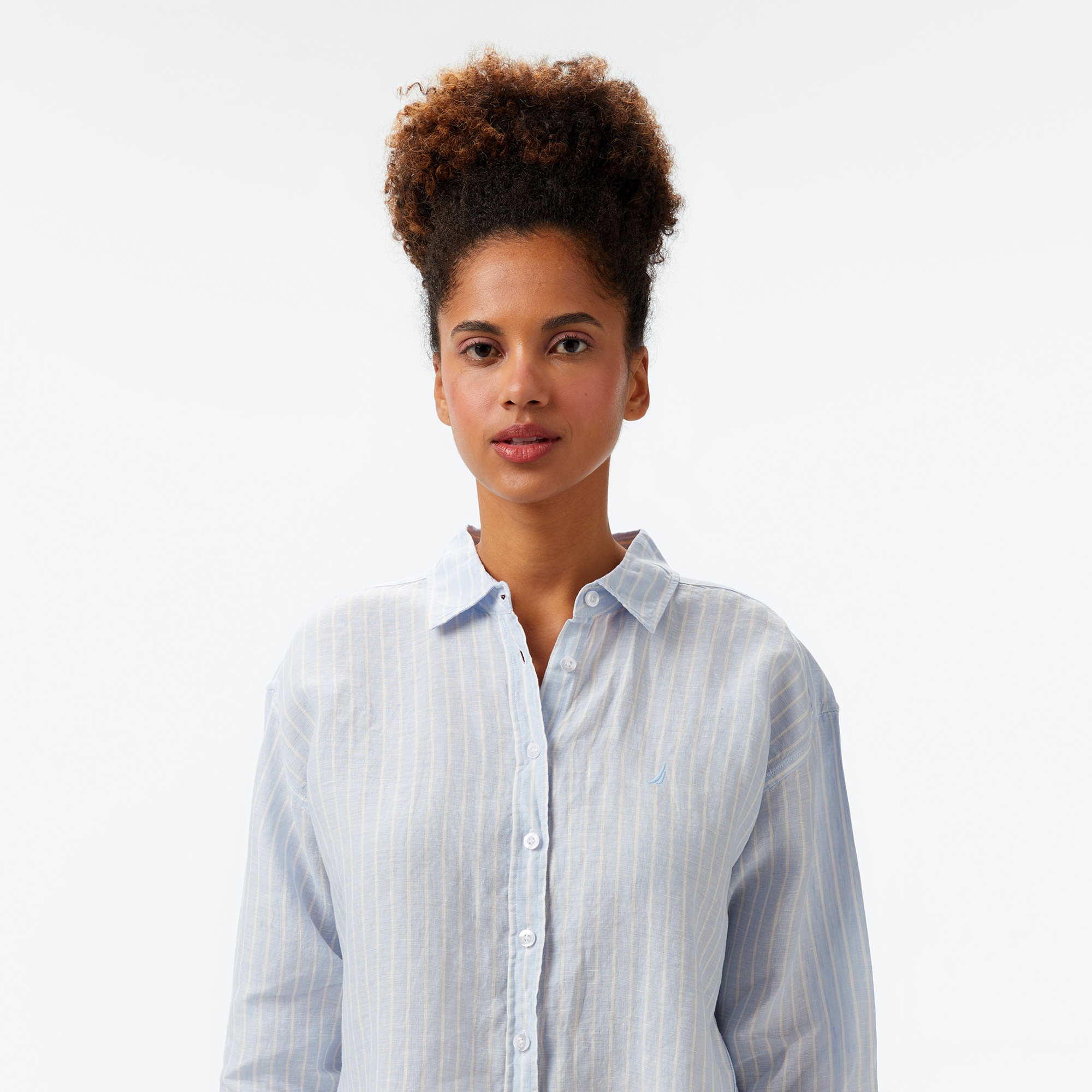 Nautica Kadın Mavi Regular Fit Keten Çizgili Gömlek