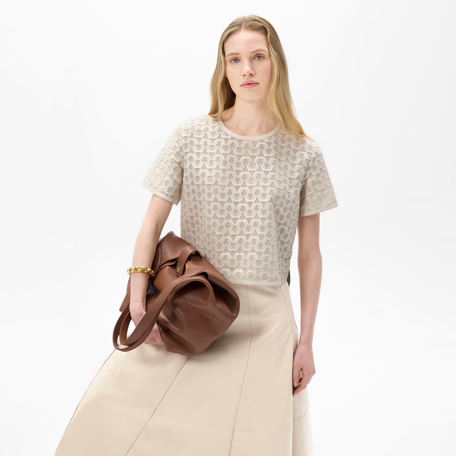  Kadın Beyaz Deri Detaylı Bluz