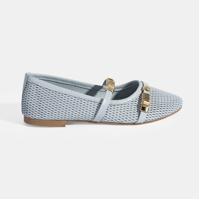  Kadın Mavi Metal Toka Aksesuarlı Deri Babet