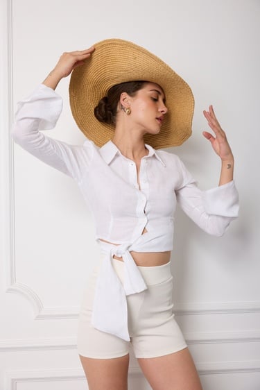  Bağlamalı %100 Keten Gömlek