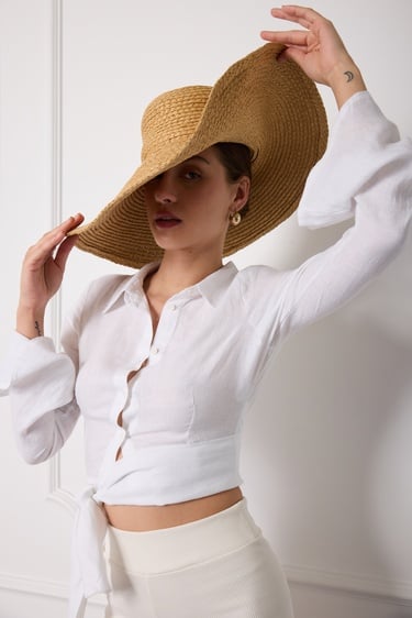  Bağlamalı %100 Keten Gömlek