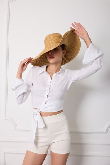  Bağlamalı %100 Keten Gömlek