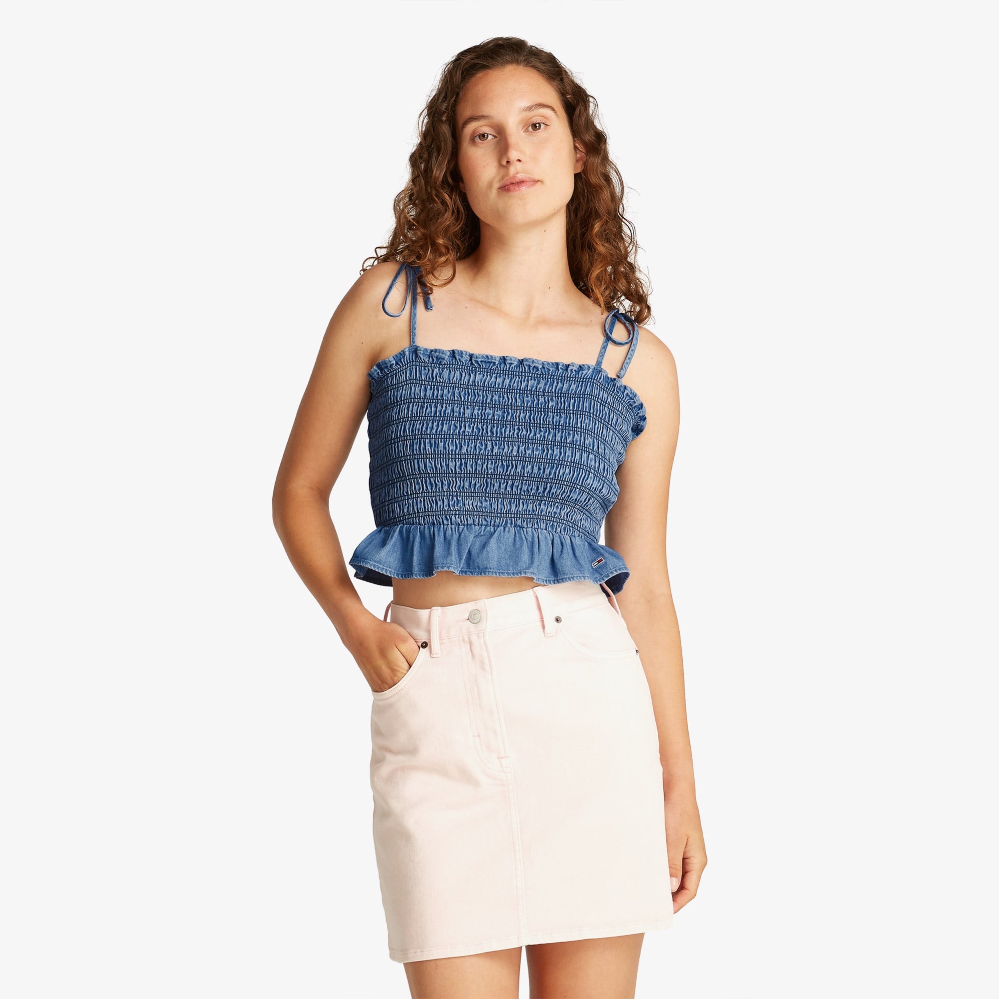 Tommy Jeans Ruched Chambray Kadın Askılı Mavi Crop Top