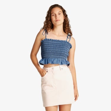  Tommy Jeans Ruched Chambray Kadın Askılı Mavi Crop Top
