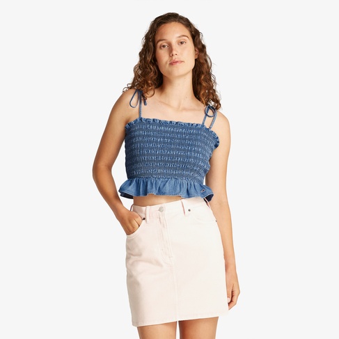  Tommy Jeans Ruched Chambray Kadın Askılı Mavi Crop Top