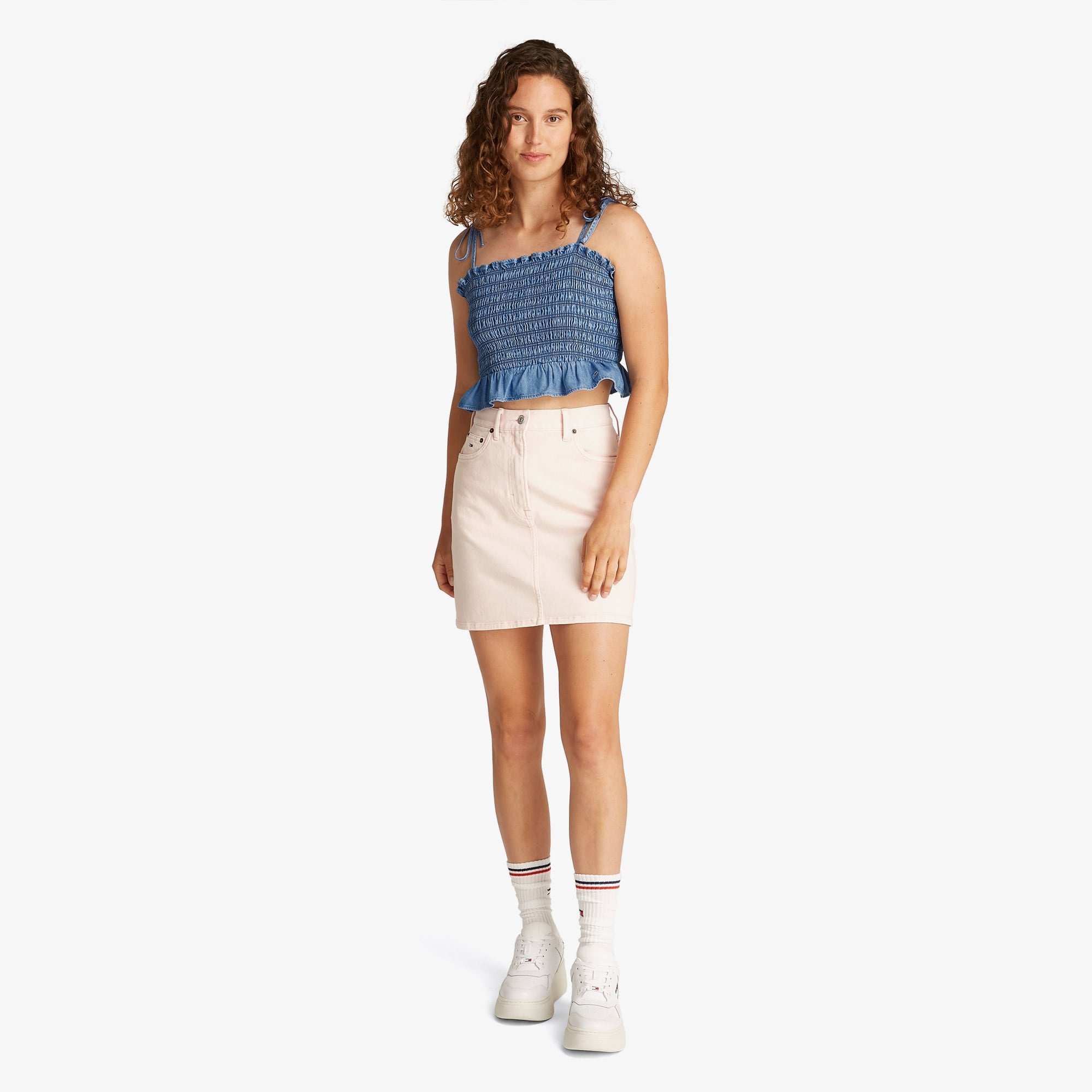 Tommy Jeans Ruched Chambray Kadın Askılı Mavi Crop Top