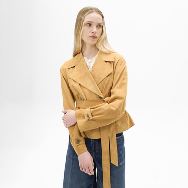  Limited Edition Kadın Turuncu Belden Bağlamalı Süet  Kısa Trençkot