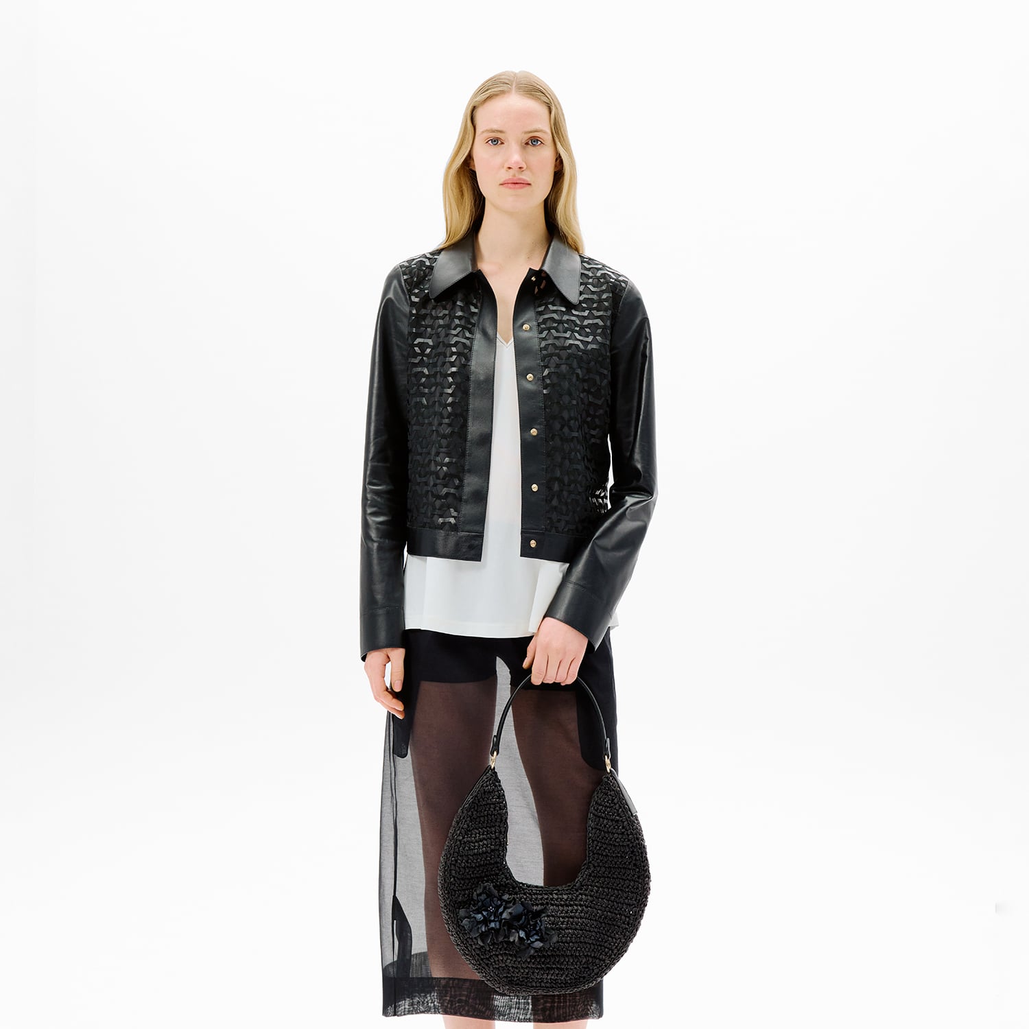  Kadın Siyah Gömlek Yaka Örmeli Deri Ceket
