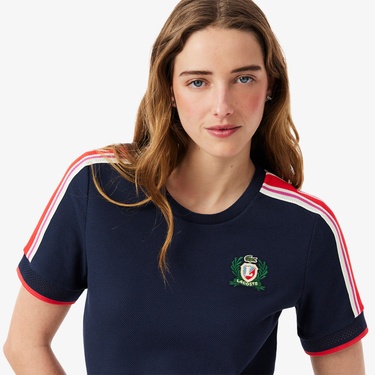  Lacoste Kadın Slim Fit Bisiklet Yaka Renk Bloklu Lacivert T-Shirt