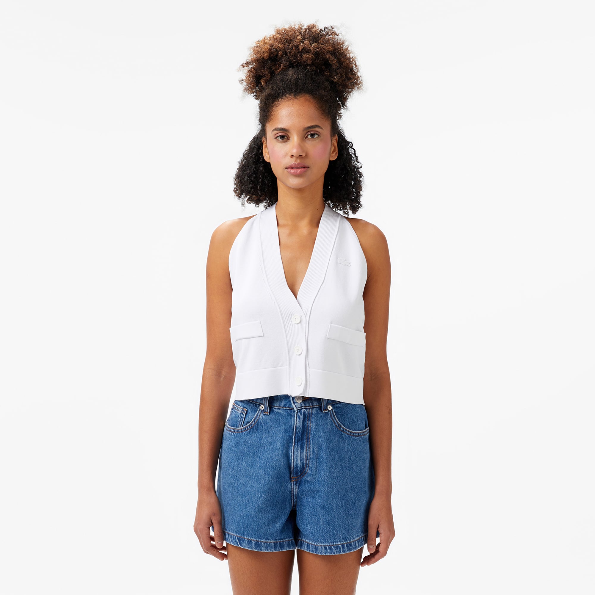  Lacoste Kadın Kolsuz V Yaka Beyaz Triko