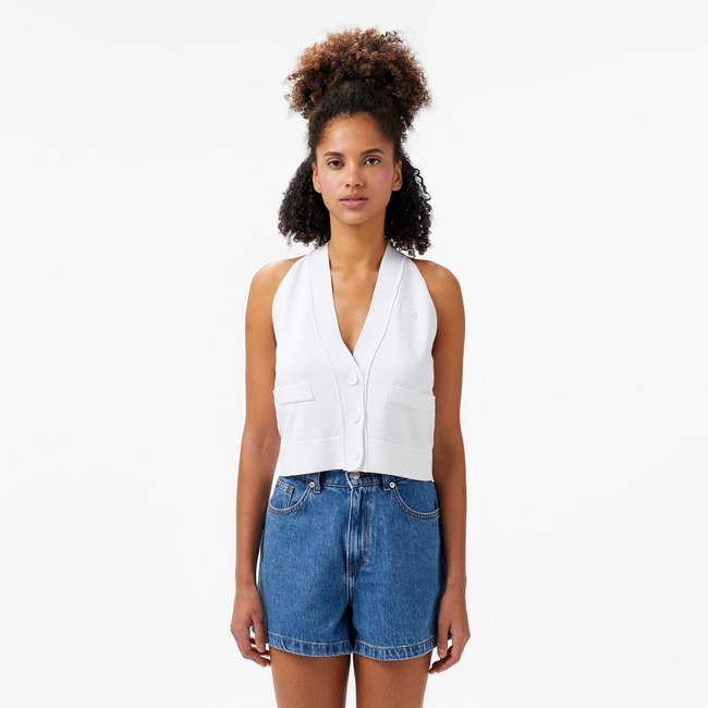  Lacoste Kadın Kolsuz V Yaka Beyaz Triko