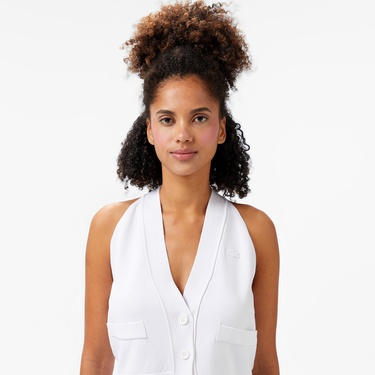  Lacoste Kadın Kolsuz V Yaka Beyaz Triko