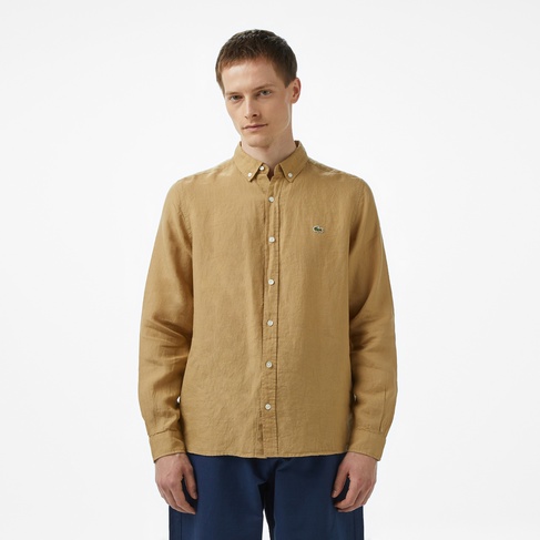  Lacoste Erkek Regular Fit Düğmeli Yaka Keten Bej Gömlek