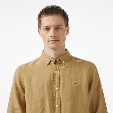  Lacoste Erkek Regular Fit Düğmeli Yaka Keten Bej Gömlek