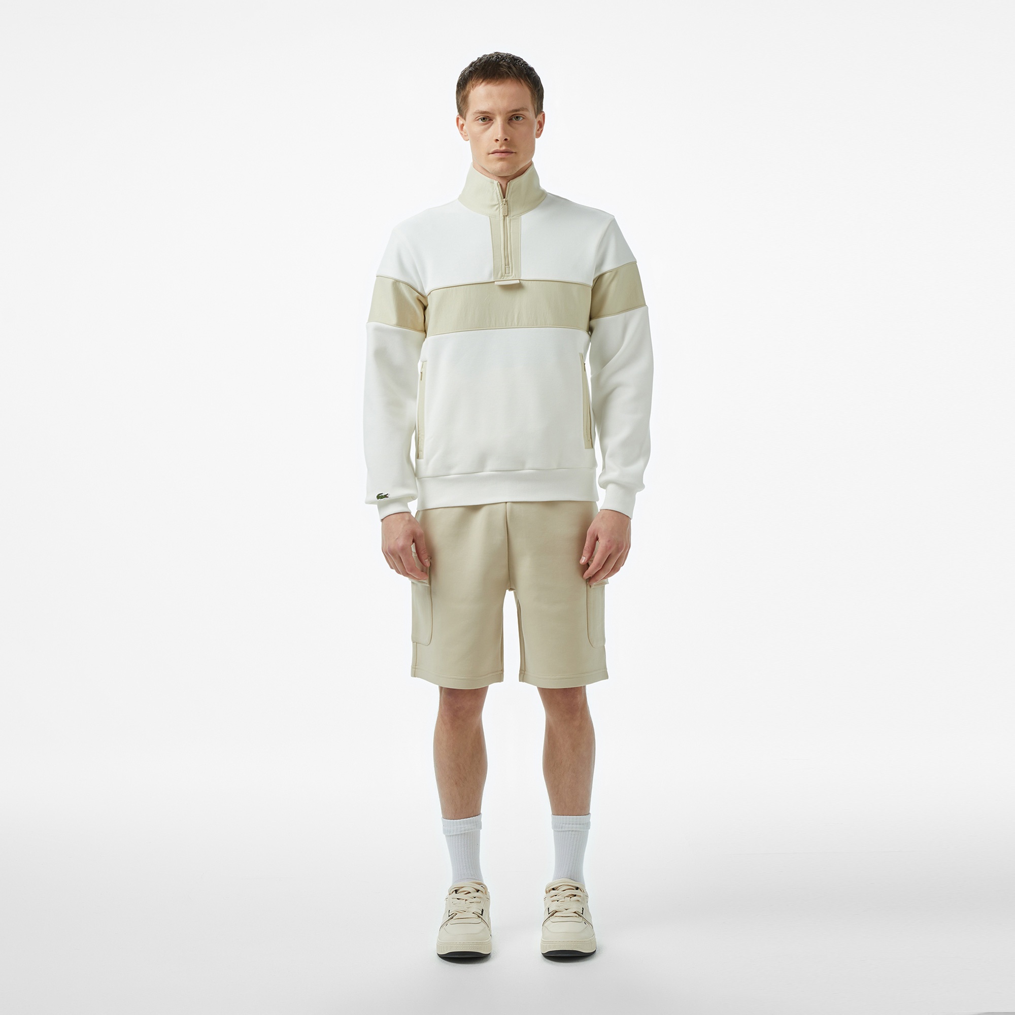 Erkek Classic Fit Yarım Fermuarlı Renk Bloklu Beyaz Sweatshirt