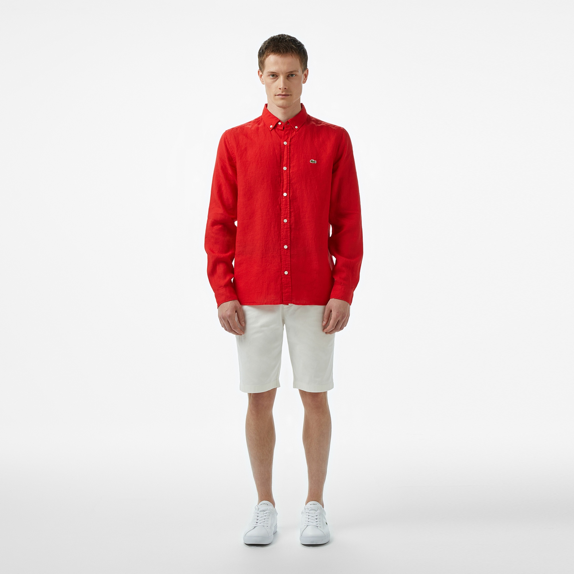 Lacoste Erkek Regular Fit Düğmeli Yaka Keten Kırmızı Gömlek