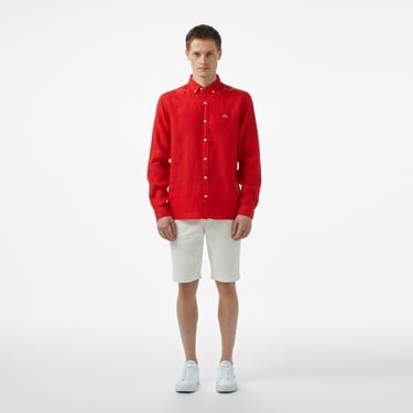  Lacoste Erkek Regular Fit Düğmeli Yaka Keten Kırmızı Gömlek