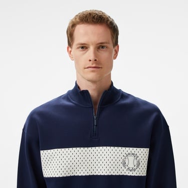  Erkek Loose Fit Yarım Fermuarlı Baskılı Lacivert Sweatshirt