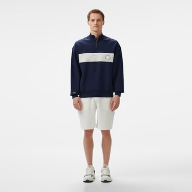  Erkek Loose Fit Yarım Fermuarlı Baskılı Lacivert Sweatshirt